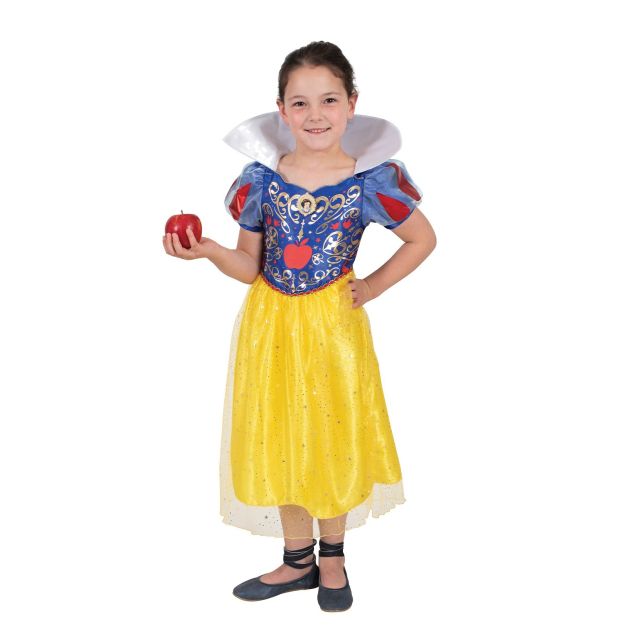 Girls Snow White deluxe costume dress with royal blue bodice, yellow satin skirt and white collar Girls Snow White deluxe costume dress with royal blue bodice, yellow satin skirt and white collar