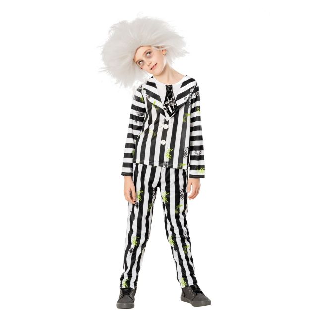 Kids Beetlejuice costume with black and white striped jacket, pants and wild grey wig Kids Beetlejuice costume with black and white striped jacket, pants and wild grey wig
