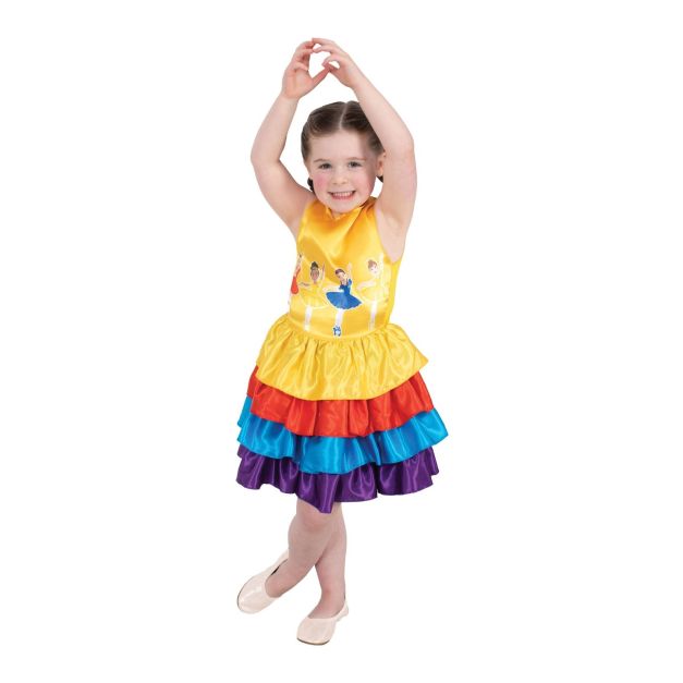 Girls Wiggles ballerina dress with rainbow satin tiers and character artwork Girls Wiggles ballerina dress with rainbow satin tiers and character artwork