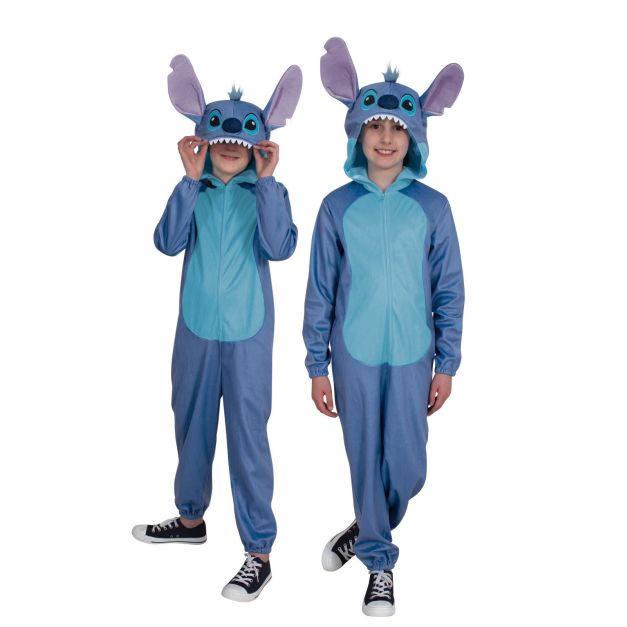 Kids wearing blue Stitch onesie costume with 3D hood and oversized ears Kids wearing blue Stitch onesie costume with 3D hood and oversized ears