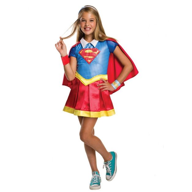 Girls deluxe Supergirl costume dress with red pleated skirt and blue digital print bodice Girls deluxe Supergirl costume dress with red pleated skirt and blue digital print bodice