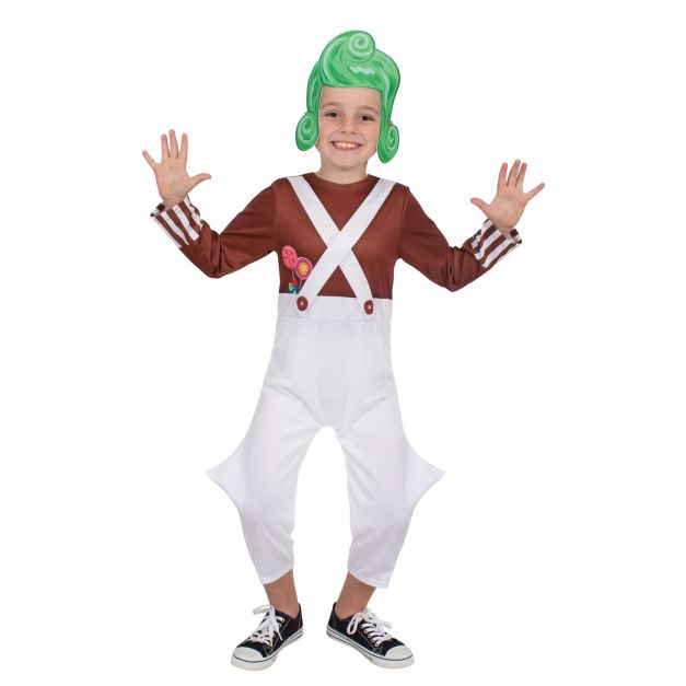 Child wearing brown and white Oompa Loompa jumpsuit with green felt wig headpiece Child wearing brown and white Oompa Loompa jumpsuit with green felt wig headpiece