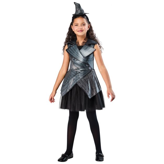 Girls Wicked Elphaba costume with charcoal grey dress, faux leather jacket overlay, and crooked witch hat