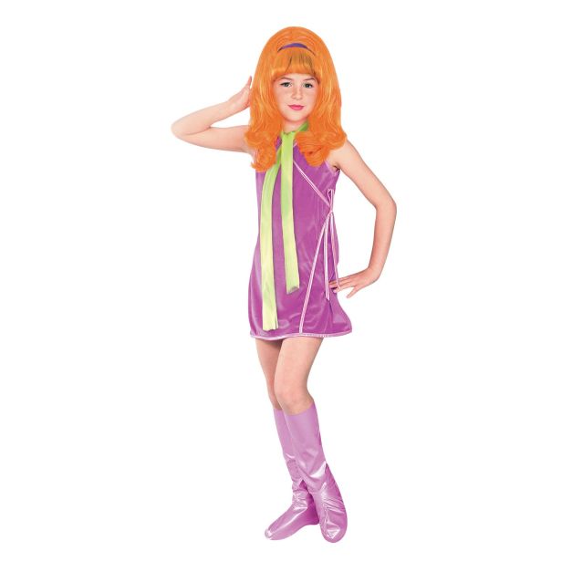 Girls Daphne Blake Scooby-Doo costume with purple velvet dress and lime green scarf Girls Daphne Blake Scooby-Doo costume with purple velvet dress and lime green scarf