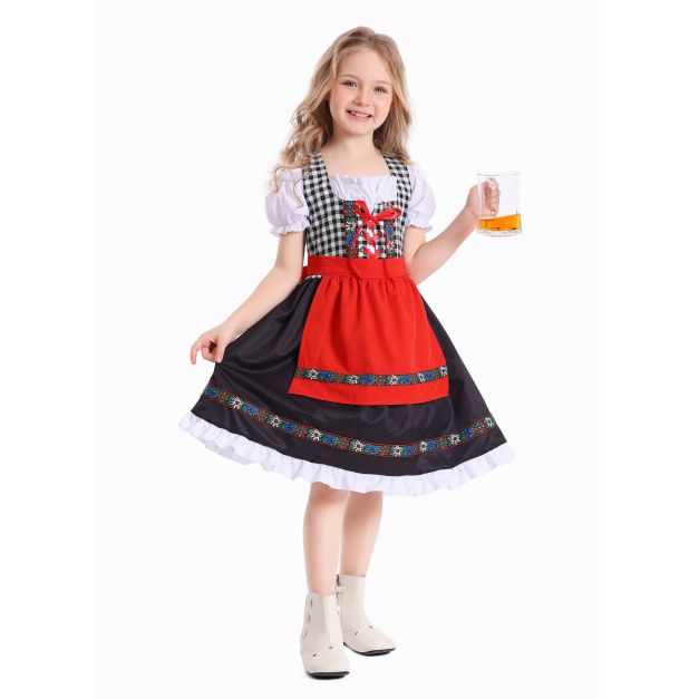 Girls wearing red, navy and tan Bavarian dirndl costumes with gingham bodices and attached aprons Girls wearing red, navy and tan Bavarian dirndl costumes with gingham bodices and attached aprons