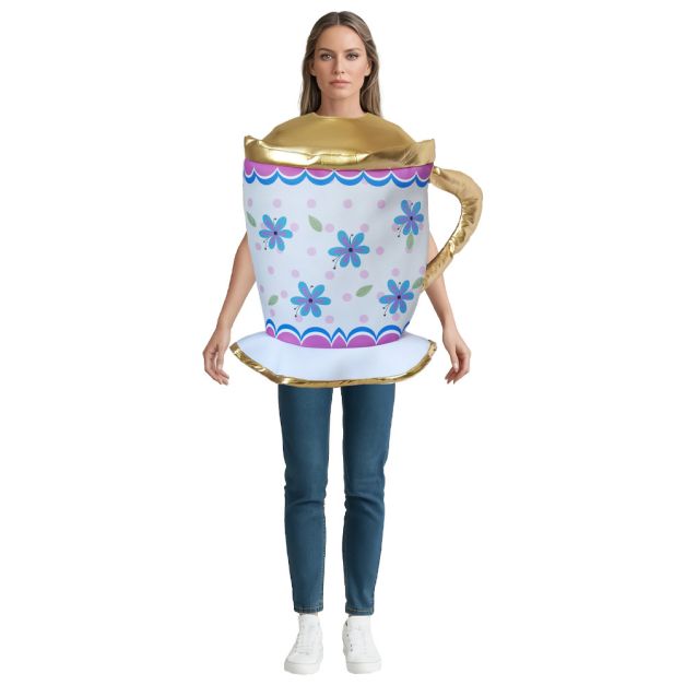 Adult teacup costume tabard with blue floral print and gold metallic handle Adult teacup costume tabard with blue floral print and gold metallic handle