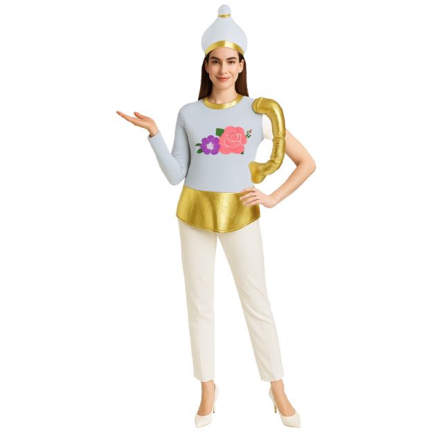 Adult teapot costume with pale blue tabard, gold metallic trim and teapot-lid hat Adult teapot costume with pale blue tabard, gold metallic trim and teapot-lid hat