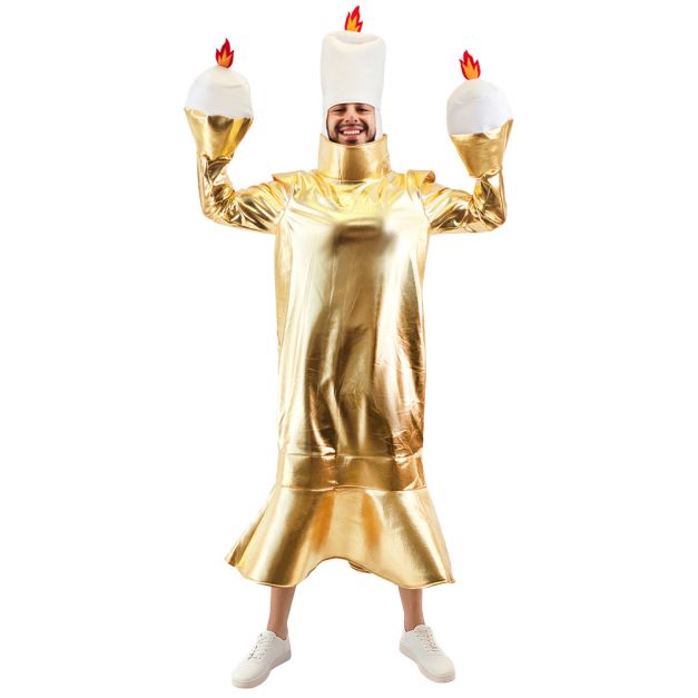 Adult wearing gold metallic candelabra costume with white candle hat and flame hand pieces Adult wearing gold metallic candelabra costume with white candle hat and flame hand pieces