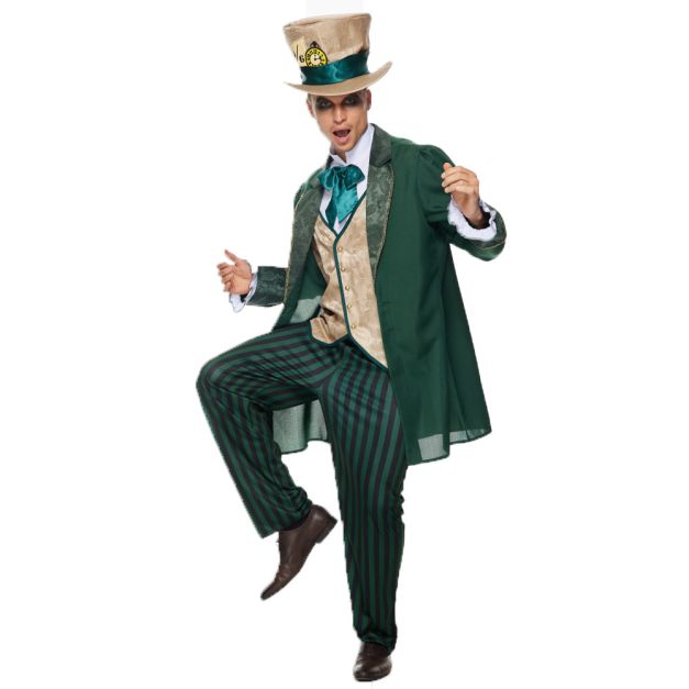 Adult Mad Hatter costume with forest green tailcoat, beige top hat and teal bow tie Adult Mad Hatter costume with forest green tailcoat, beige top hat and teal bow tie