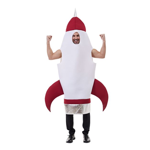 Adult retro rocket ship tabard costume with red nose cone and silver engine Adult retro rocket ship tabard costume with red nose cone and silver engine