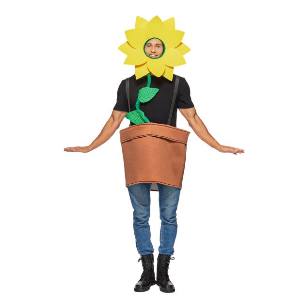 Adult wearing yellow foam sunflower headpiece with face cutout and brown flowerpot tabard Adult wearing yellow foam sunflower headpiece with face cutout and brown flowerpot tabard