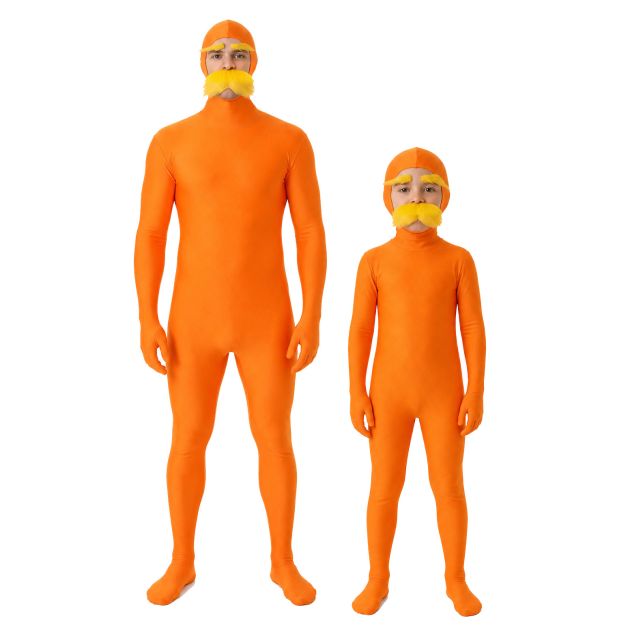 Adult orange zentai suit with yellow mustache and eyebrows full body costume Adult orange zentai suit with yellow mustache and eyebrows full body costume