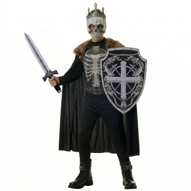 Kids skeleton king costume with black jumpsuit, faux-fur cape, crown and sword Kids skeleton king costume with black jumpsuit, faux-fur cape, crown and sword