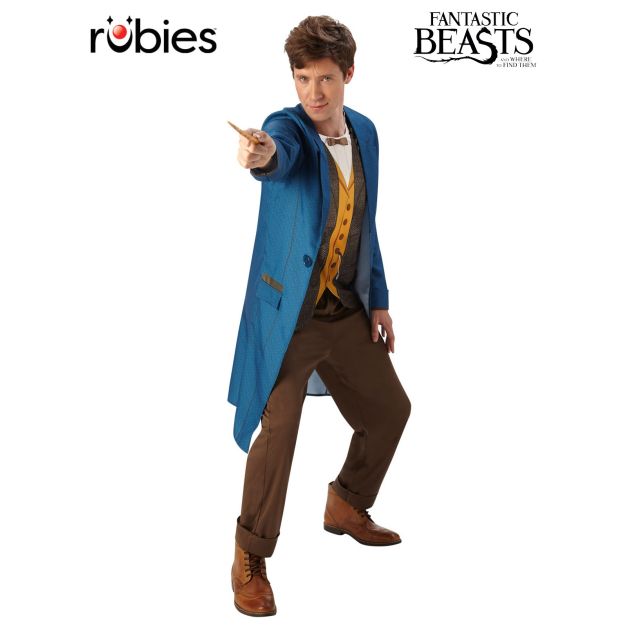 Adult Newt Scamander costume with cobalt blue herringbone coat, layered waistcoat and bow tie