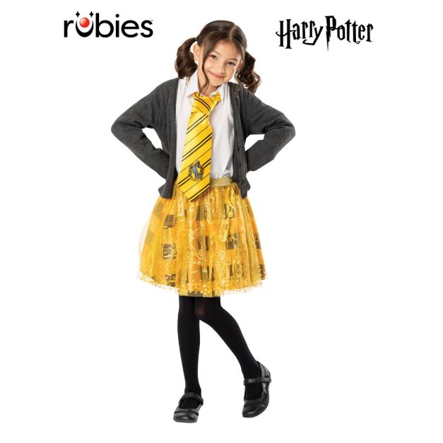 Kids Hufflepuff tutu skirt with yellow and black tulle, gold foil house print, glittery elasticised waist