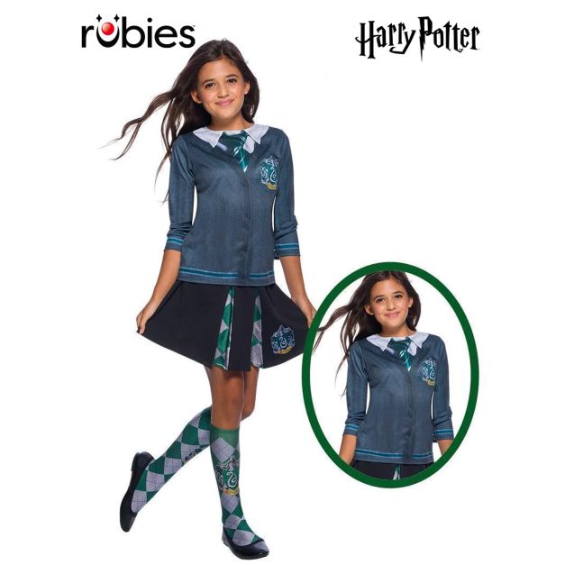 Kids Harry Potter Slytherin House costume top with printed collar, tie and crest