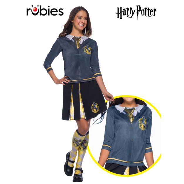 Adult Hufflepuff House costume top with printed cardigan and gold tie