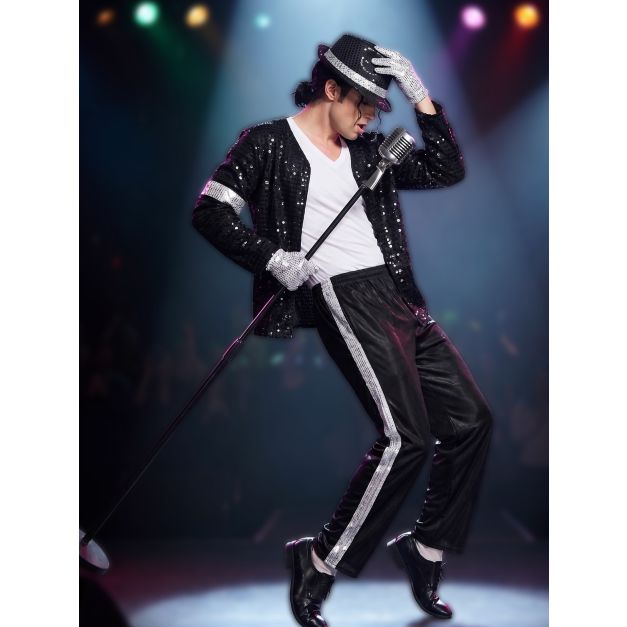 Adult 80s pop icon costume with black sequin blazer and fedora Adult 80s pop icon costume with black sequin blazer and fedora
