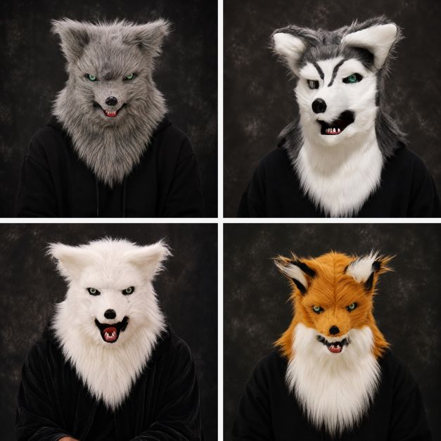Adult plush wolf mask with sculpted snout and glass eyes - white variant Adult plush wolf mask with sculpted snout and glass eyes - white variant