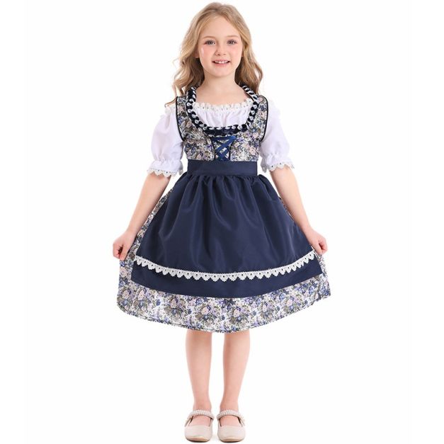 Girls navy floral Bavarian dirndl costume with white lace sleeves and apron overlay Girls navy floral Bavarian dirndl costume with white lace sleeves and apron overlay