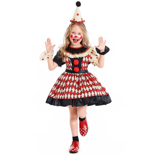 Girls circus clown costume with red and cream harlequin diamond-pattern dress and cone hat Girls circus clown costume with red and cream harlequin diamond-pattern dress and cone hat