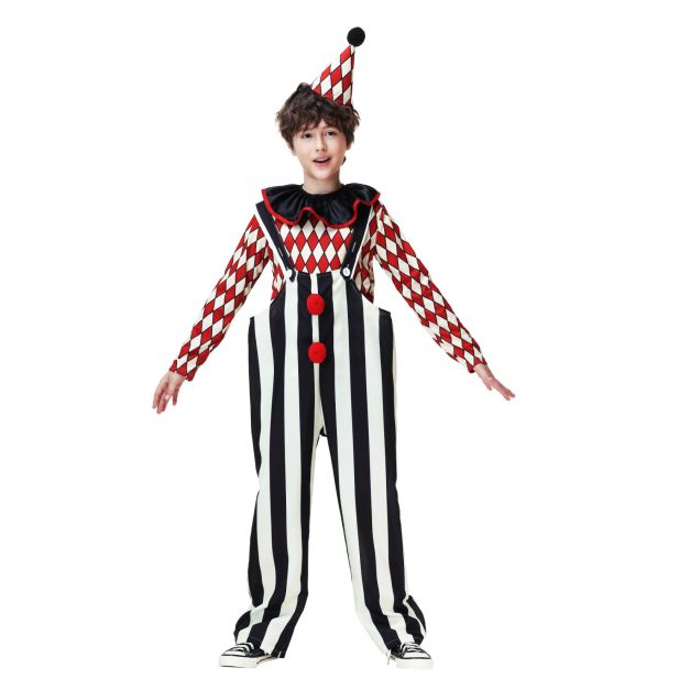 Kids circus clown costume with red-and-white diamond check shirt and black-and-white stripe overalls Kids circus clown costume with red-and-white diamond check shirt and black-and-white stripe overalls