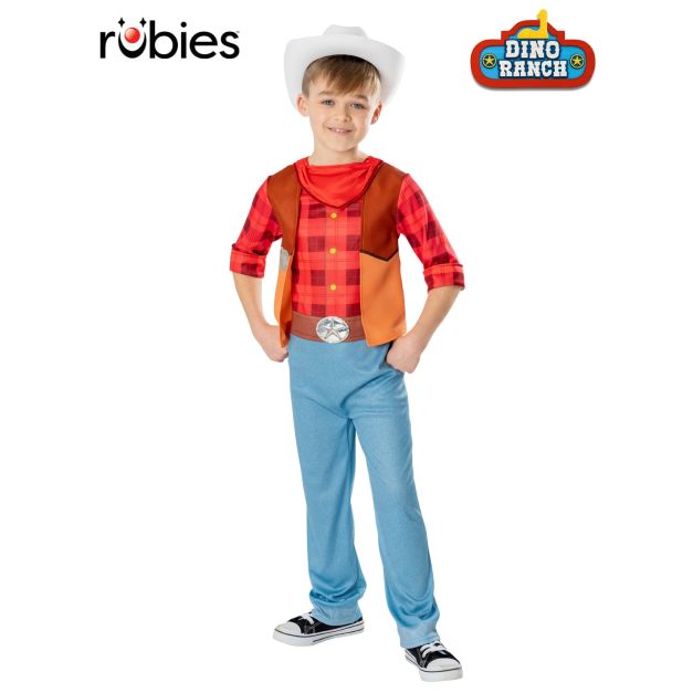 Kids Dino Ranch Jon cowboy costume with red plaid jumpsuit and white hat Kids Dino Ranch Jon cowboy costume with red plaid jumpsuit and white hat