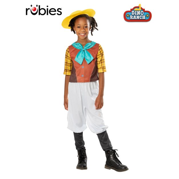 Girls Dino Ranch Min costume with yellow cowgirl hat and printed vest top Girls Dino Ranch Min costume with yellow cowgirl hat and printed vest top
