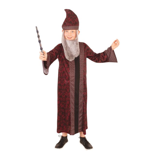 Kids Harry Potter Dumbledore costume with maroon robe and grey beard Kids Harry Potter Dumbledore costume with maroon robe and grey beard