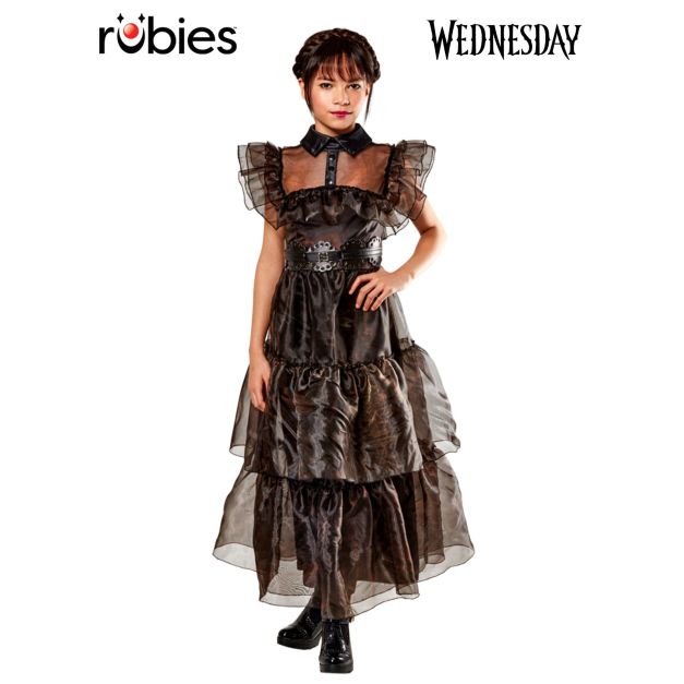Girls Wednesday Addams Rave'N dance dress costume with puffed tulle shoulders and tiered black skirt Girls Wednesday Addams Rave'N dance dress costume with puffed tulle shoulders and tiered black skirt