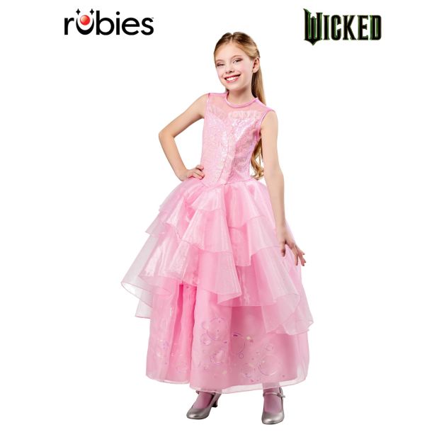 Girls pink Glinda Wicked costume dress with waterfall tulle layers front view Girls pink Glinda Wicked costume dress with waterfall tulle layers front view