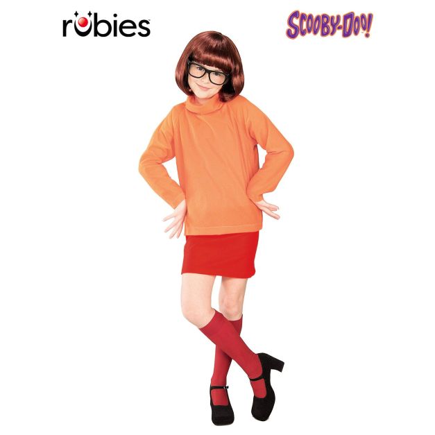 Kids Velma Scooby-Doo costume with orange turtleneck skivvy, red mini skirt, auburn bob wig and black square glasses Kids Velma Scooby-Doo costume with orange turtleneck skivvy, red mini skirt, auburn bob wig and black square glasses