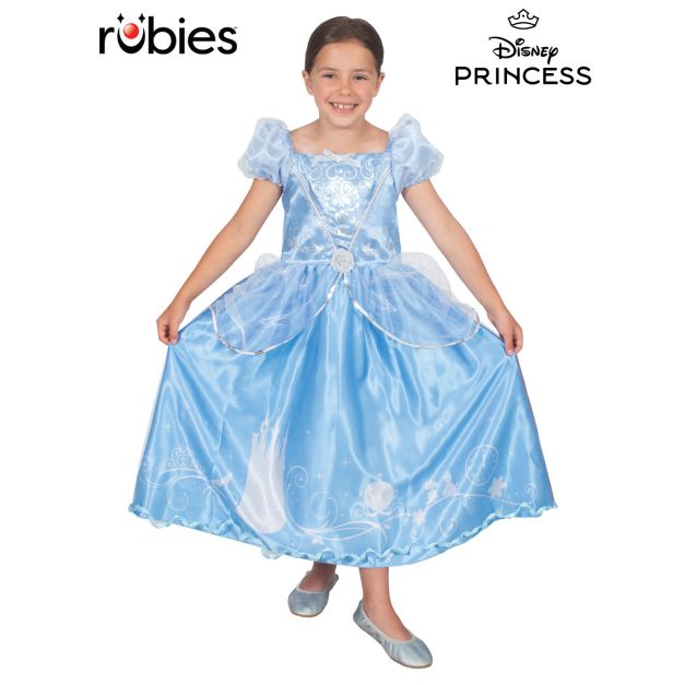 Girls Cinderella deluxe costume - light blue satin ball gown with silver scrollwork bodice and tulle puff sleeves Girls Cinderella deluxe costume - light blue satin ball gown with silver scrollwork bodice and tulle puff sleeves