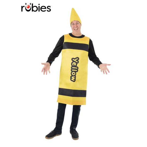 Adult yellow crayon costume with cone hat and velcro tabard Adult yellow crayon costume with cone hat and velcro tabard