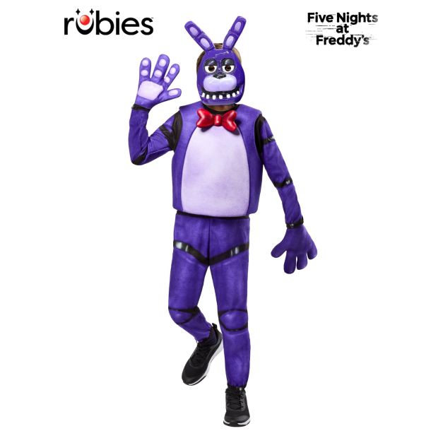 Child wearing Five Nights at Freddy's Bonnie costume with purple jumpsuit and character mask Child wearing Five Nights at Freddy's Bonnie costume with purple jumpsuit and character mask