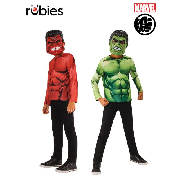 Kids Red Hulk reversible costume top with digital muscle printing and two character masks Kids Red Hulk reversible costume top with digital muscle printing and two character masks