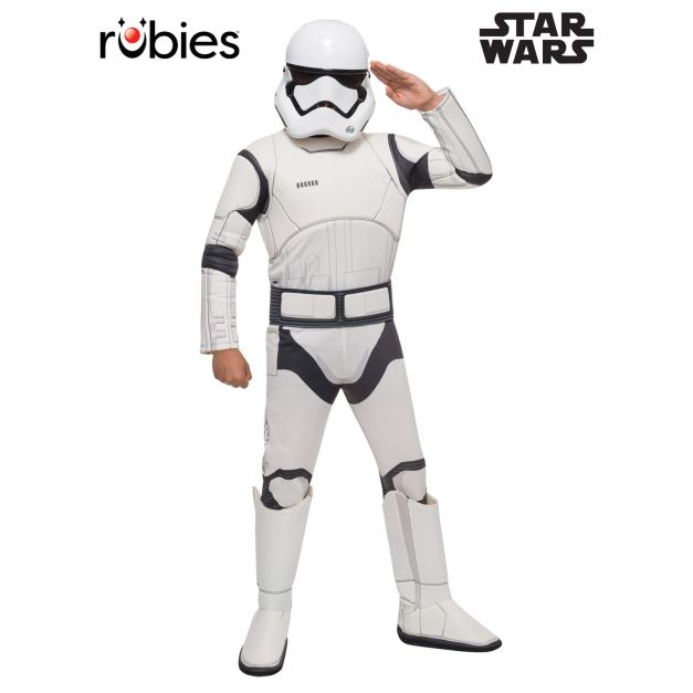 Child wearing white Star Wars First Order Stormtrooper costume with molded helmet and digitally printed armor jumpsuit Child wearing white Star Wars First Order Stormtrooper costume with molded helmet and digitally printed armor jumpsuit