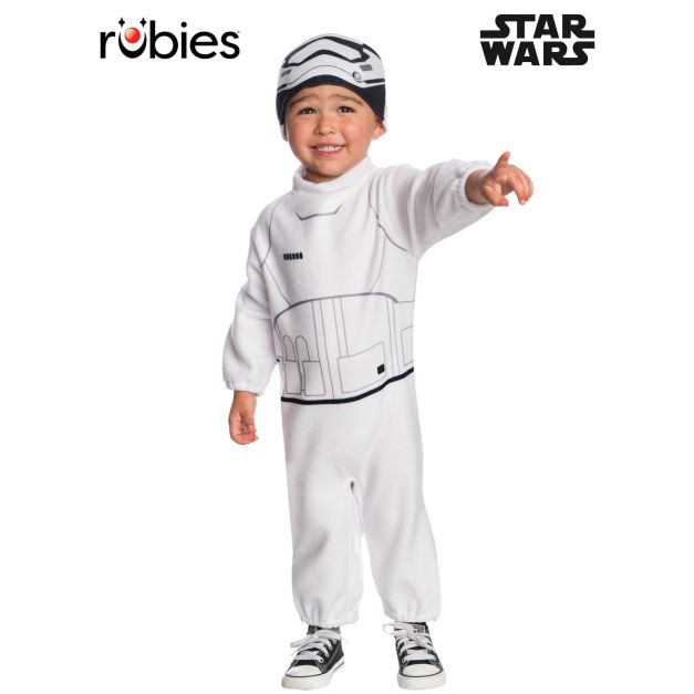 Toddler wearing white Star Wars Stormtrooper fleece jumpsuit with printed armor and matching beanie Toddler wearing white Star Wars Stormtrooper fleece jumpsuit with printed armor and matching beanie