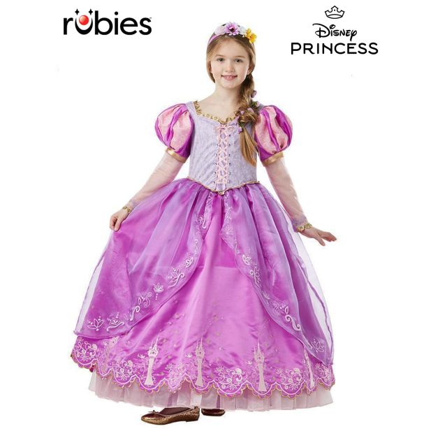 Girls deluxe Rapunzel costume dress with purple bodice, pink puff sleeves and embroidered ball gown skirt Girls deluxe Rapunzel costume dress with purple bodice, pink puff sleeves and embroidered ball gown skirt