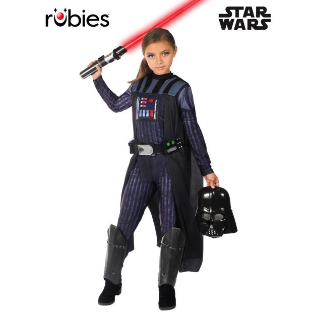 Child wearing Darth Vader costume with black cape and half mask Child wearing Darth Vader costume with black cape and half mask