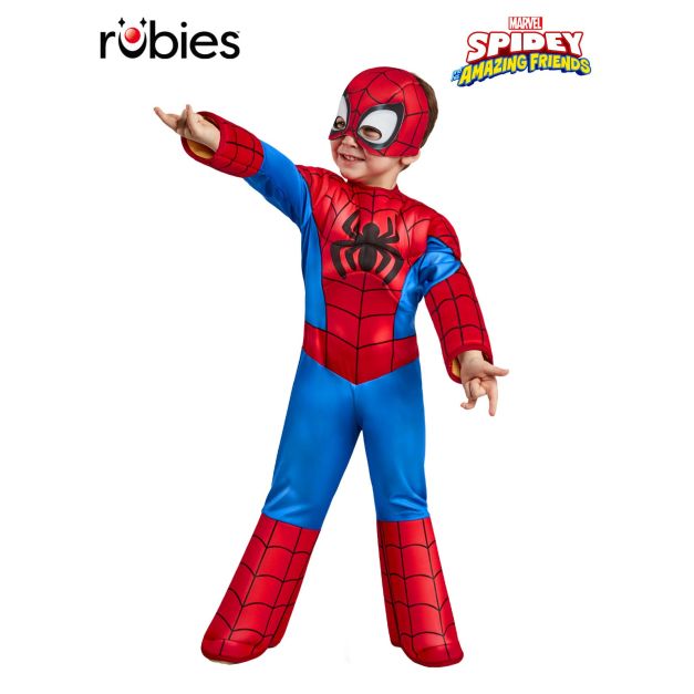 Kids Spider-Man Spidey deluxe padded jumpsuit costume with mask - front view showing red and blue web pattern Kids Spider-Man Spidey deluxe padded jumpsuit costume with mask - front view showing red and blue web pattern