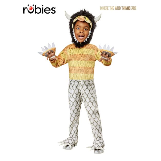 Toddler wearing Carol Wild Thing costume from Where The Wild Things Are with yellow striped jumpsuit and hooded headpiece Toddler wearing Carol Wild Thing costume from Where The Wild Things Are with yellow striped jumpsuit and hooded headpiece
