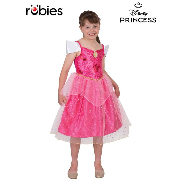 Girls Disney Princess Aurora dress in bright pink satin with sparkle tulle skirt and gold waist trim
