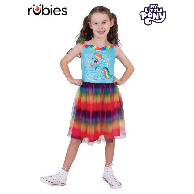 Girls Rainbow Dash costume dress with rainbow tutu skirt and character-printed bodice