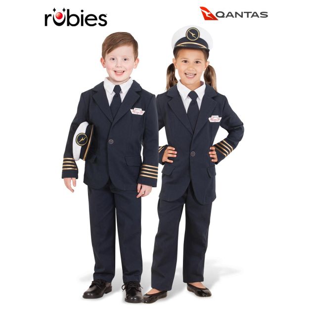 Kids Qantas pilot costume with navy blazer, gold captain braids and Joey Club logo Kids Qantas pilot costume with navy blazer, gold captain braids and Joey Club logo