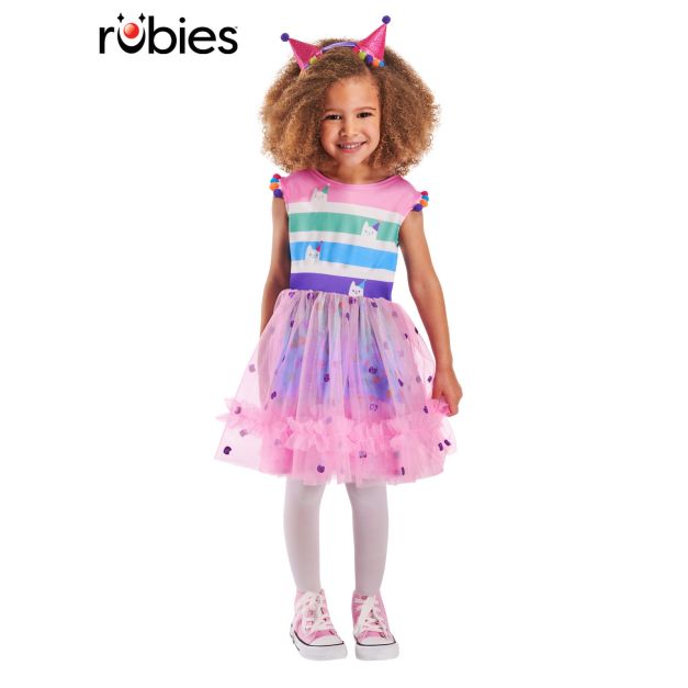 Girls Gabby's Dollhouse rainbow tutu dress with party hat headband, front view Girls Gabby's Dollhouse rainbow tutu dress with party hat headband, front view