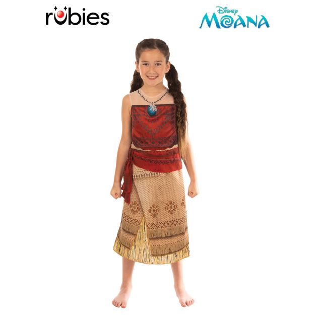 Girls deluxe Moana costume dress with Heart of Te Fiti pendant and layered fringe skirt Girls deluxe Moana costume dress with Heart of Te Fiti pendant and layered fringe skirt