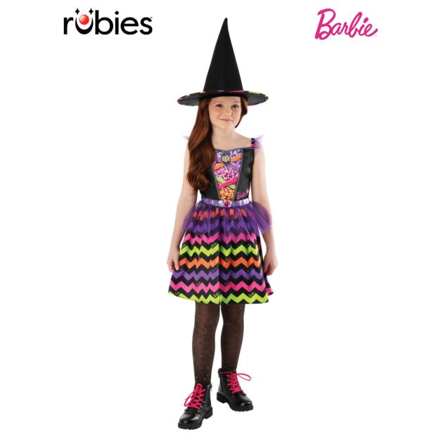 Girls Barbie Witch Costume with rainbow sequin bodice and chevron-striped skirt Girls Barbie Witch Costume with rainbow sequin bodice and chevron-striped skirt