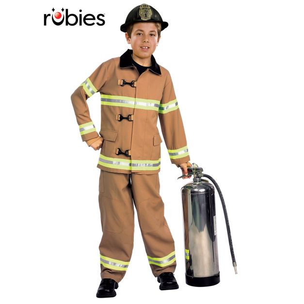 Child wearing tan firefighter costume with reflective yellow striping and Fire Chief helmet Child wearing tan firefighter costume with reflective yellow striping and Fire Chief helmet