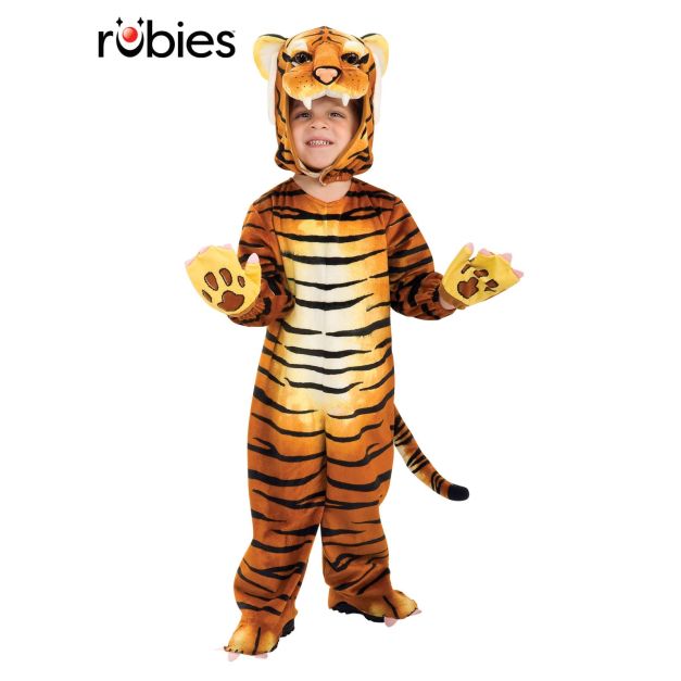 Kids plush tiger costume with 3D hood and printed stripes - full body jumpsuit Kids plush tiger costume with 3D hood and printed stripes - full body jumpsuit